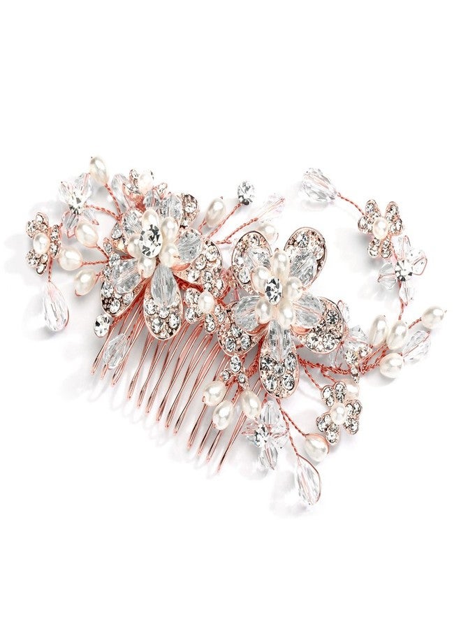 Mariell Vintage Wedding Rose Gold Hair Comb for Brides - Blush Flowers, Pearls & Crystal Hair Vine Sprays - Image 1