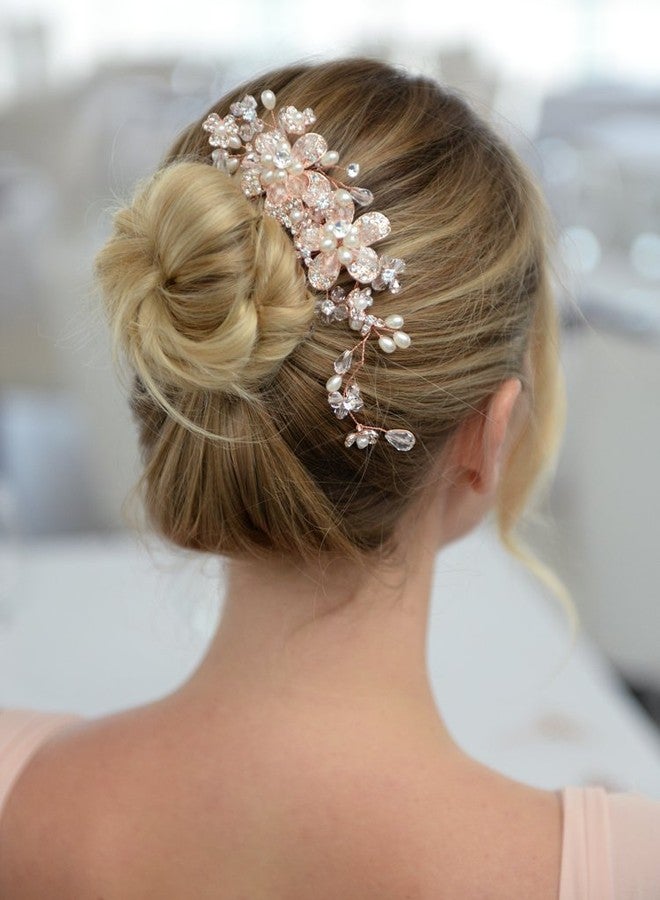 Mariell Vintage Wedding Rose Gold Hair Comb for Brides - Blush Flowers, Pearls & Crystal Hair Vine Sprays - Image 3