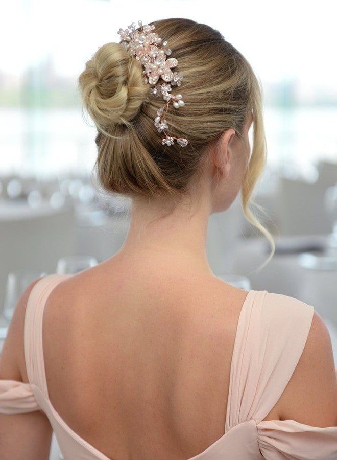 Mariell Vintage Wedding Rose Gold Hair Comb for Brides - Blush Flowers, Pearls & Crystal Hair Vine Sprays - Image 2