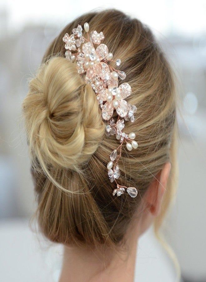 Mariell Vintage Wedding Rose Gold Hair Comb for Brides - Blush Flowers, Pearls & Crystal Hair Vine Sprays - Image 4
