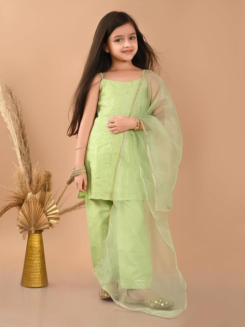 LILPICKS Gota Patti Embellished Sleeveless Kurta Palazzo Set with Dupatta for Girls (Light Green) (11-12Y) - Image 3