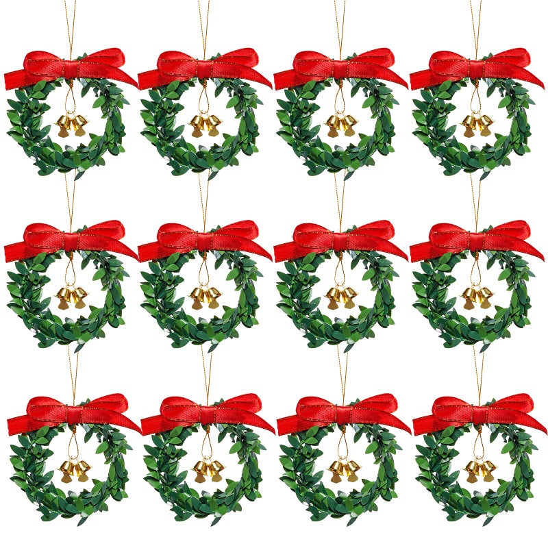jiebor 12Pcs Mini Christmas Wreaths Small Green Hanging Wreath Christmas Ornament for Winter Holiday Home Outdoor Indoor Fireplace Mantle Window Cabinets Christmas Tree Front Door Decorations 4 Inch