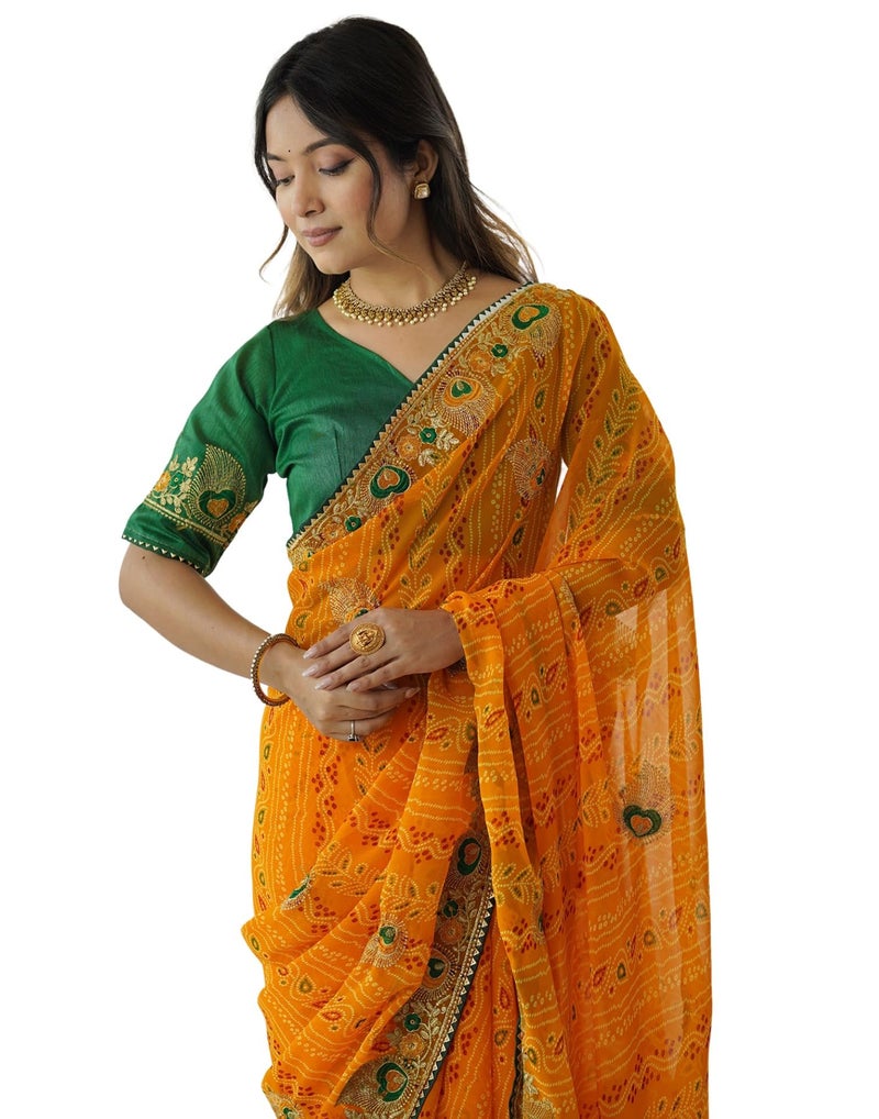 SIRIL Women's Georgette Bandhani Printed and Embroidery Saree with Unstitched Blouse Piece (4524S373_Yellow) - Image 1