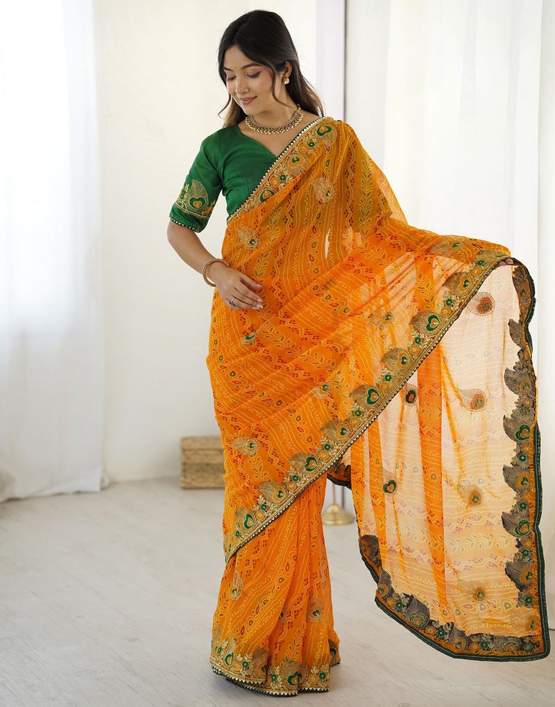 SIRIL Women's Georgette Bandhani Printed and Embroidery Saree with Unstitched Blouse Piece (4524S373_Yellow) - Image 4