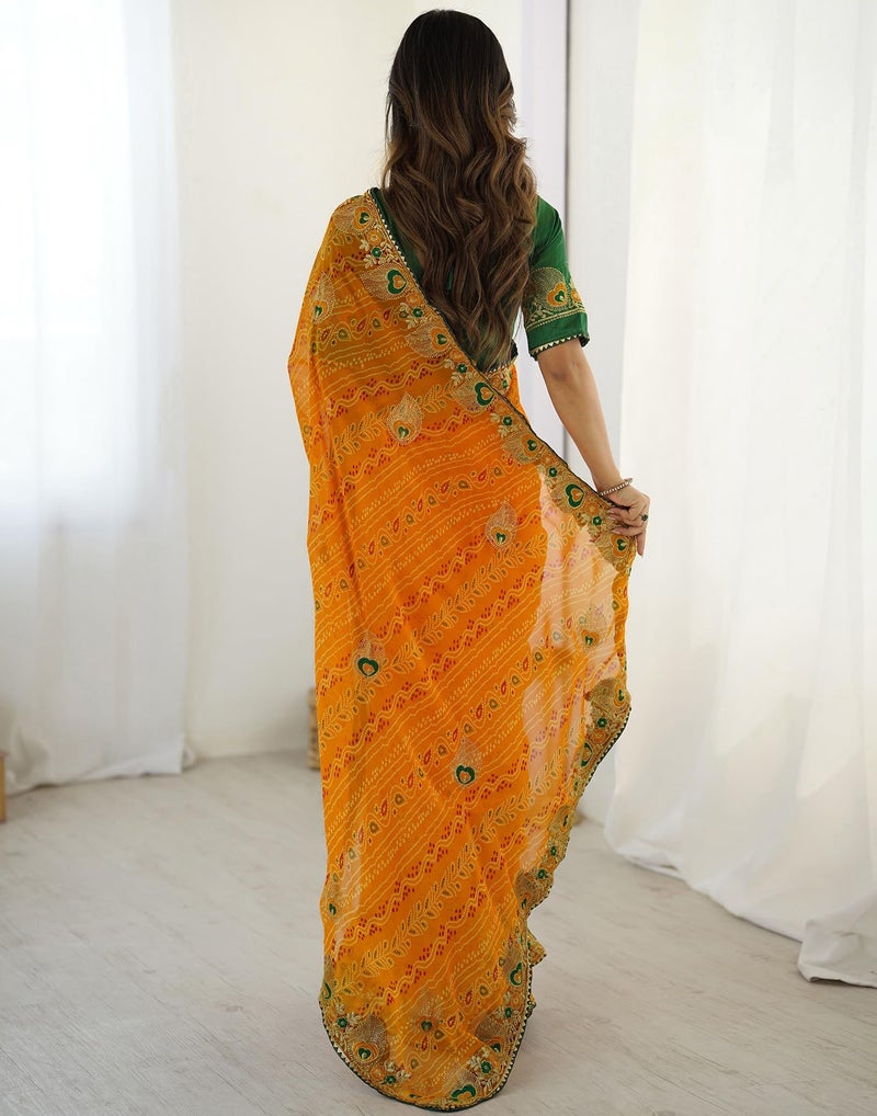 SIRIL Women's Georgette Bandhani Printed and Embroidery Saree with Unstitched Blouse Piece (4524S373_Yellow) - Image 3