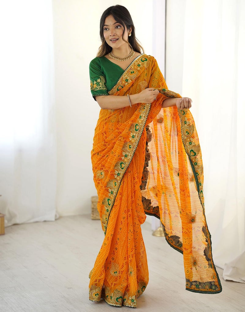 SIRIL Women's Georgette Bandhani Printed and Embroidery Saree with Unstitched Blouse Piece (4524S373_Yellow) - Image 5