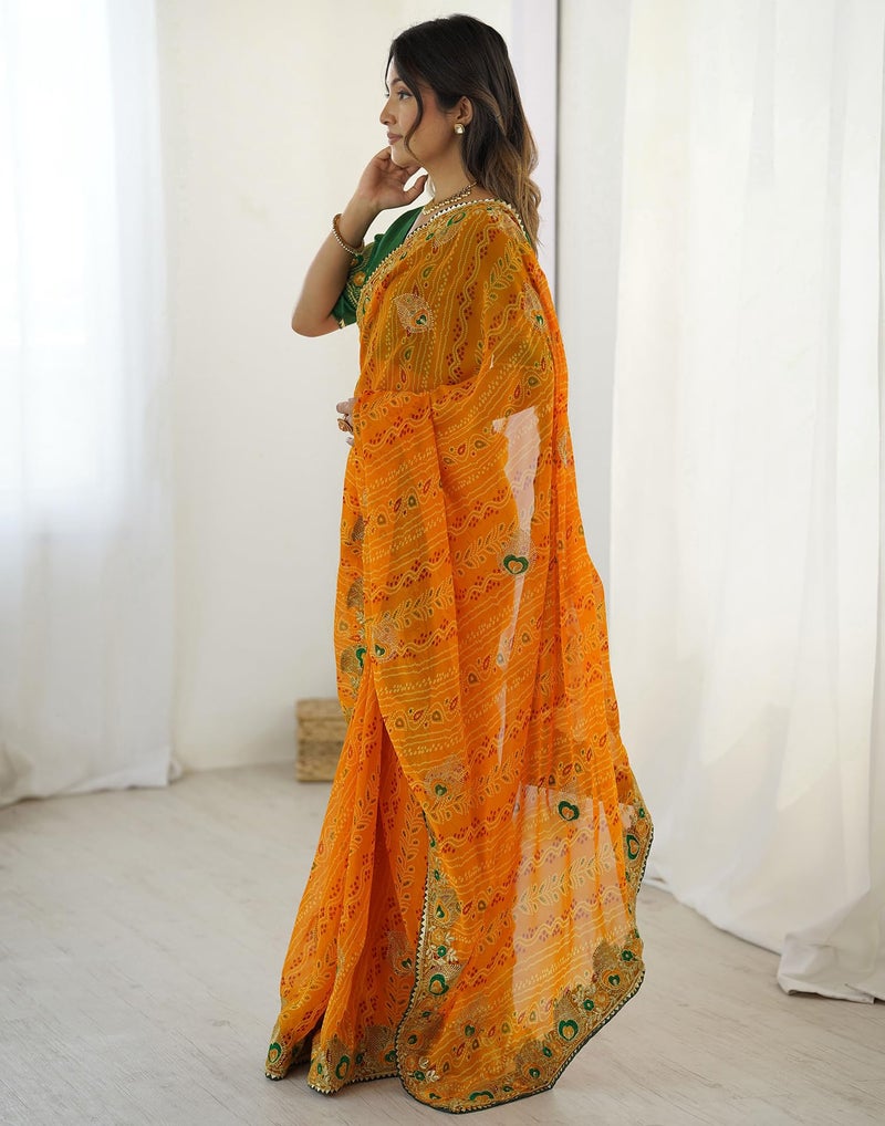 SIRIL Women's Georgette Bandhani Printed and Embroidery Saree with Unstitched Blouse Piece (4524S373_Yellow) - Image 2
