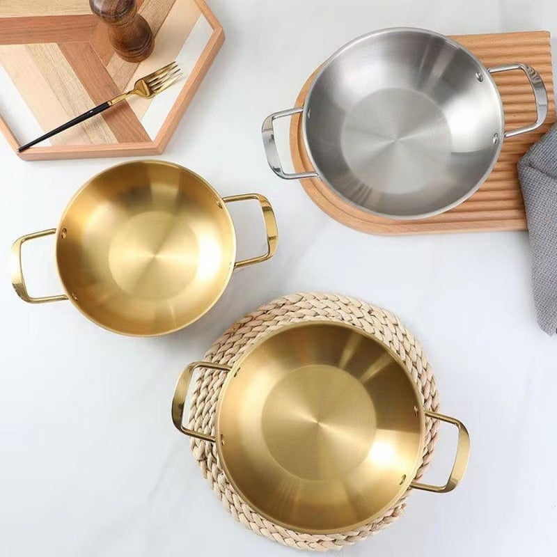 3pcs Golden Stainless Steel Korean Hot Pot With Lid For Induction Cooktop - Image 1