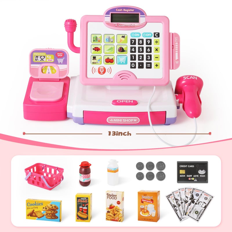 BAODLON Play Calculator Cash Register Toy Gift for Kids Girls Age 3 4 5 6 7 8 Year Old 57 Pcs Pink Pretend Grocery Store Playset Incl Microphone Credit Card Scanner Fake Food Play Money for Kids - Image 3