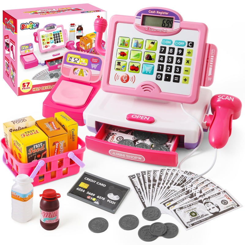 BAODLON Play Calculator Cash Register Toy Gift for Kids Girls Age 3 4 5 6 7 8 Year Old 57 Pcs Pink Pretend Grocery Store Playset Incl Microphone Credit Card Scanner Fake Food Play Money for Kids - Image 2