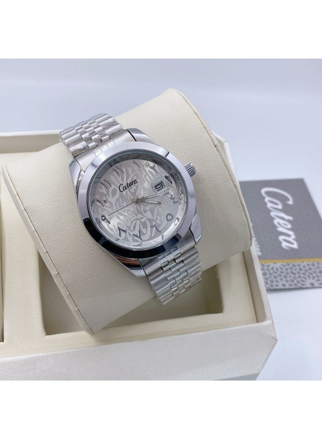 كاتيرا ساعة يد رجالية ضد الماء و بجودة عالية ستيل - سوار فضي مع ميناء لؤلؤي
