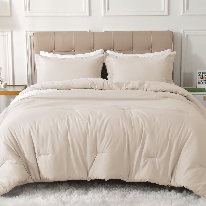 MUXHOMO 3 Pieces Queen Comforter Set Beige Comforter for Queen Size Bed Soft Warm Bedding Set for All Seasons 1 Comforter 88x88 and 2 Pillow Shams 20x30