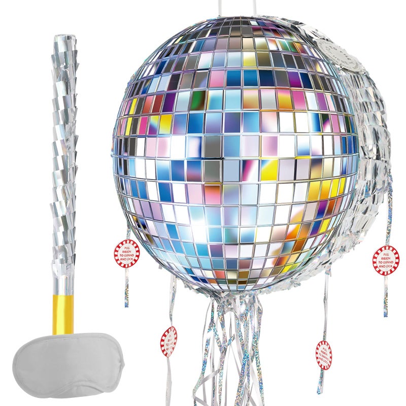 WERNNSAI Disco Ball Piata Disco Party Decoration Pull String Mirror Piata with Bat and Blindfold for Adult Birthday Party Supplies - Image 3