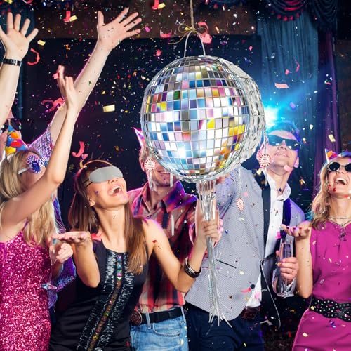 WERNNSAI Disco Ball Piata Disco Party Decoration Pull String Mirror Piata with Bat and Blindfold for Adult Birthday Party Supplies - Image 5