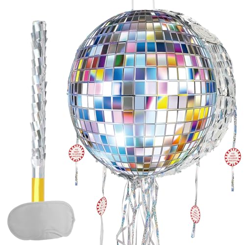 WERNNSAI Disco Ball Piata Disco Party Decoration Pull String Mirror Piata with Bat and Blindfold for Adult Birthday Party Supplies - Image 1