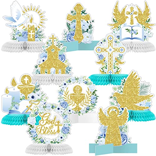 Faccito 10 Pcs Baptism Decorations First Communion Honeycomb Centerpieces for Tables Glitter Baptism Party Supplies for Baby Shower Birthday Celebration First Communion DecorLight Blue Series - Image 1