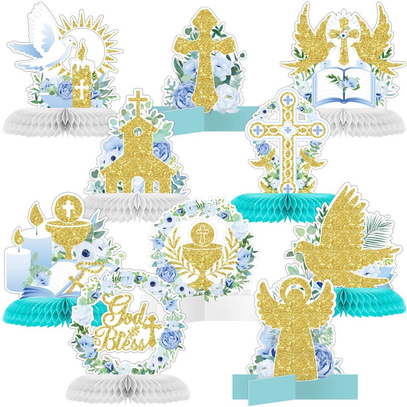 Faccito 10 Pcs Baptism Decorations First Communion Honeycomb Centerpieces for Tables Glitter Baptism Party Supplies for Baby Shower Birthday Celebration First Communion DecorLight Blue Series - Image 2