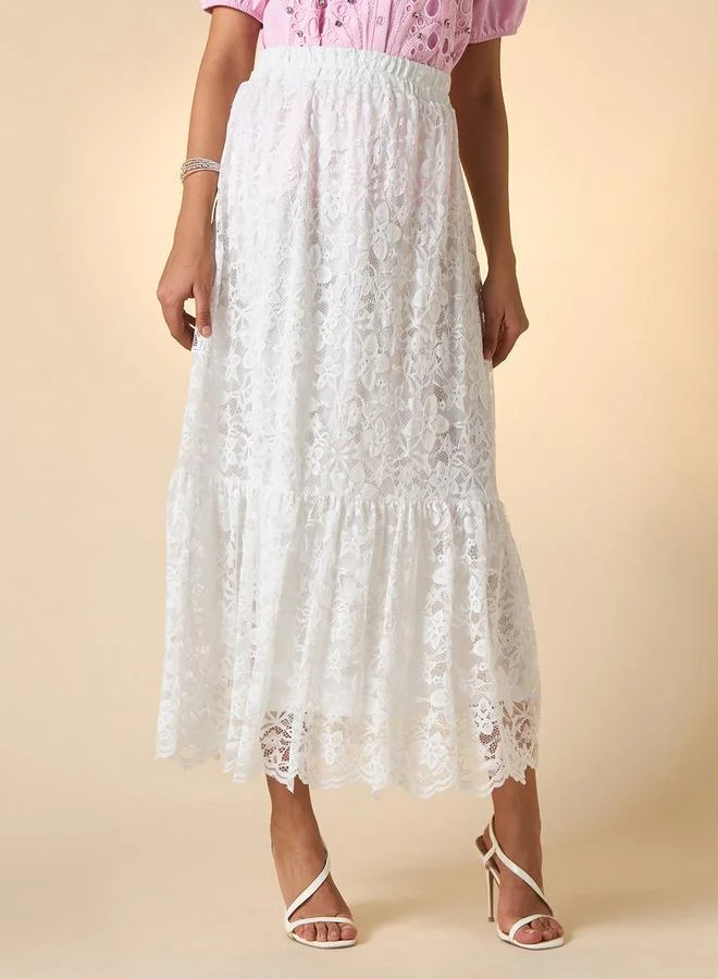 2Xtremz 2Xtremz Lace Textured A-Line Midi Skirt with Elasticated Waistband