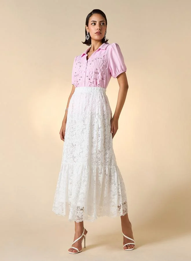 2Xtremz 2Xtremz Lace Textured A-Line Midi Skirt with Elasticated Waistband