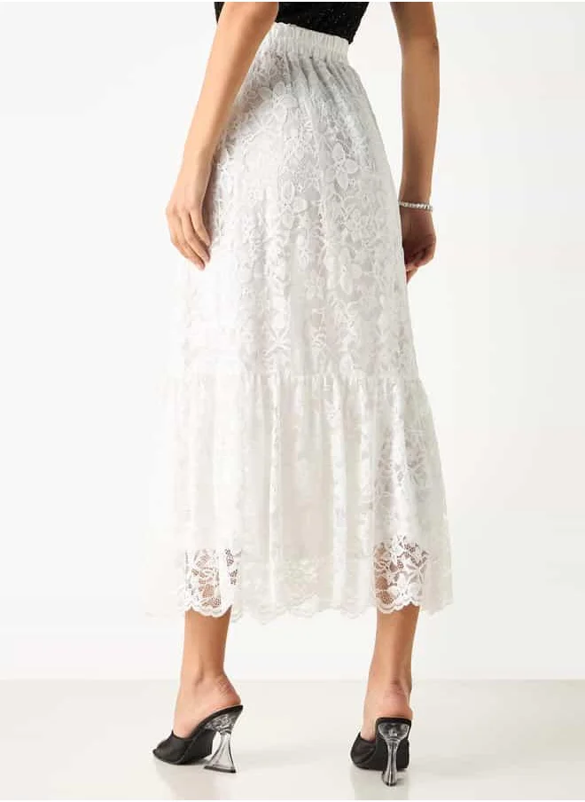 2Xtremz 2Xtremz Lace Textured A-Line Midi Skirt with Elasticated Waistband