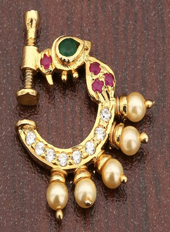 Sasitrends Present Peacock Design Non-Piercing Screw Press Nose Pin for Women and Girls (White, Ruby & Green) 2 cm x 1.8 cm - Image 4