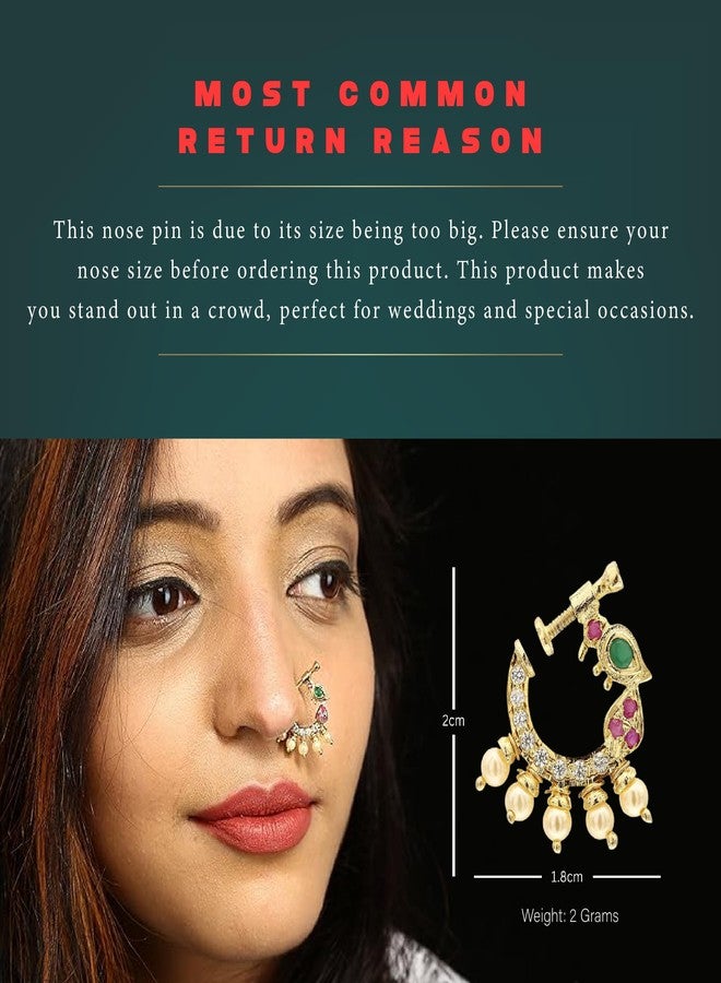 Sasitrends Present Peacock Design Non-Piercing Screw Press Nose Pin for Women and Girls (White, Ruby & Green) 2 cm x 1.8 cm - Image 2