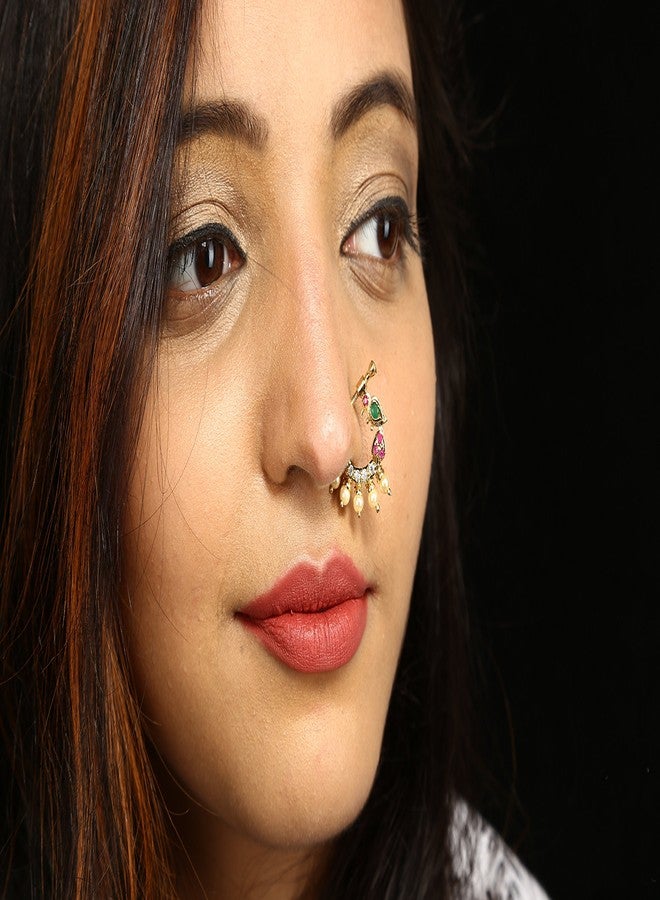 Sasitrends Present Peacock Design Non-Piercing Screw Press Nose Pin for Women and Girls (White, Ruby & Green) 2 cm x 1.8 cm - Image 5
