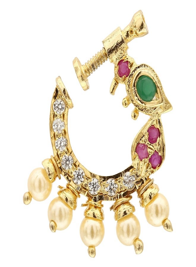 Sasitrends Present Peacock Design Non-Piercing Screw Press Nose Pin for Women and Girls (White, Ruby & Green) 2 cm x 1.8 cm - Image 1