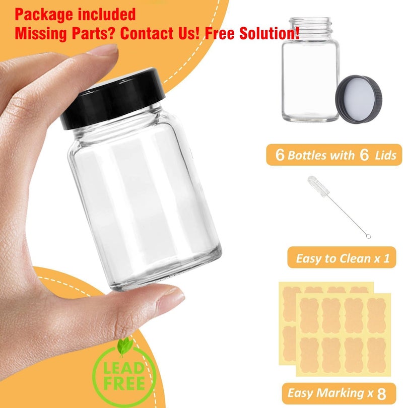 LANBEAUTIFY 2 oz Small Clear Glass Bottles with Lids - 6Pcs Wide Mouth Shot Bottles with Caps for Ginger Shots, Juice, Potion, Liquids, Whiskey - Mini Travel Bottles with Funnels, Stickers - Image 2