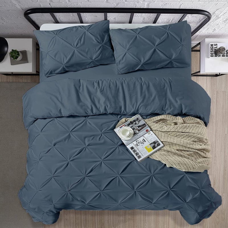 Crown Collection 1000-TC Hypoallergenic Ultra Soft Design 100% Egyptian Cotton Pinch Plated Duvet Cover with Zipper Colser & 2pcs Pillow Case Set (California King 98""x104""  Steal Blue) - Image 3