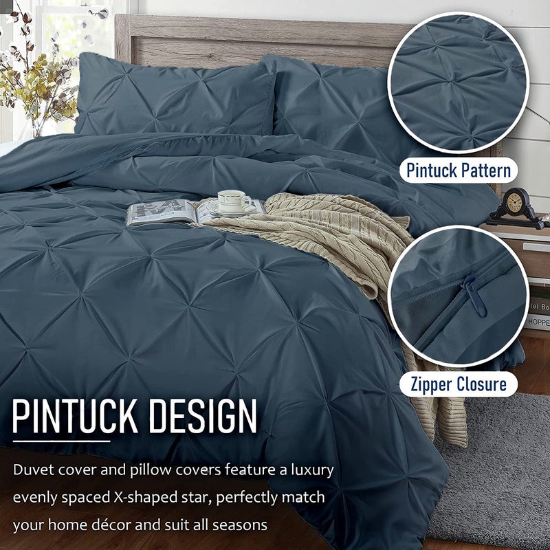 Crown Collection 1000-TC Hypoallergenic Ultra Soft Design 100% Egyptian Cotton Pinch Plated Duvet Cover with Zipper Colser & 2pcs Pillow Case Set (California King 98""x104""  Steal Blue) - Image 4