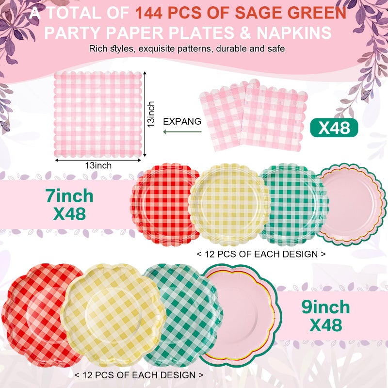 Skybooly 144 Pcs Gingham Party Decorations Tableware for 48 Guests Gingham Plates and Napkins Sets Disposable Party Decor Dinnerware for Bridal Baby Shower Wedding - Image 1