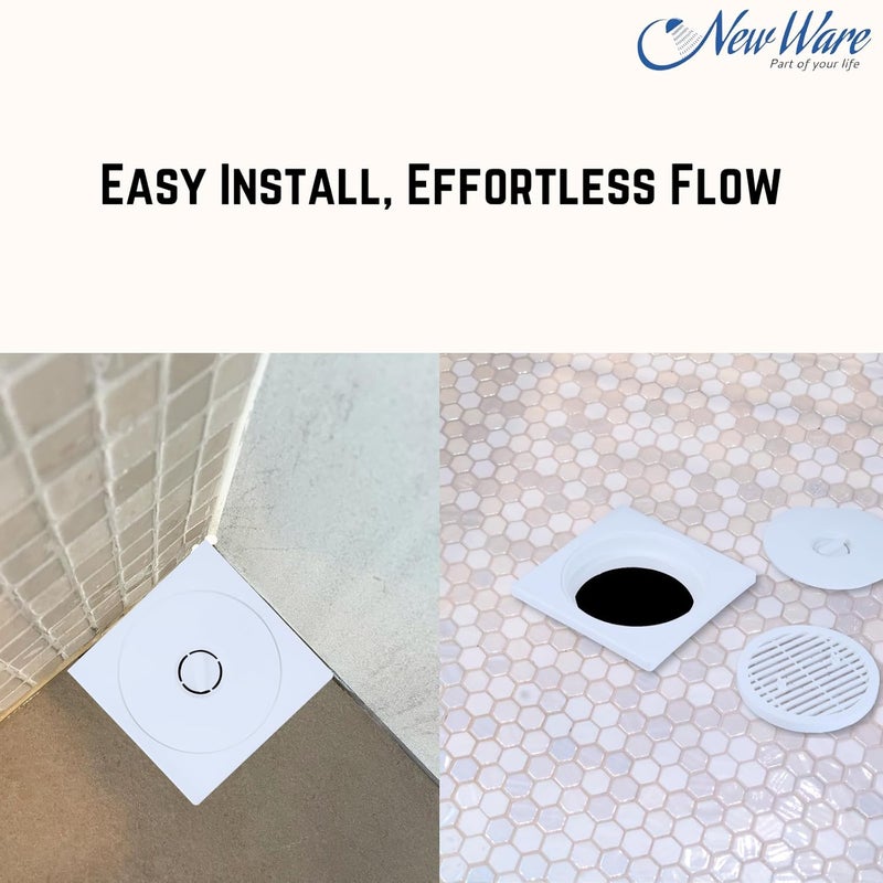 NEW WARE ® مصفاة/فخ تصريف مياه الحمام 3 قطع PVC مربع (أبيض) - Image 2