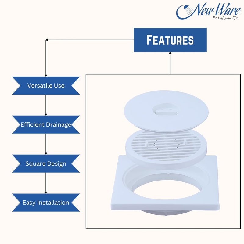 NEW WARE ® مصفاة/فخ تصريف مياه الحمام 3 قطع PVC مربع (أبيض) - Image 4