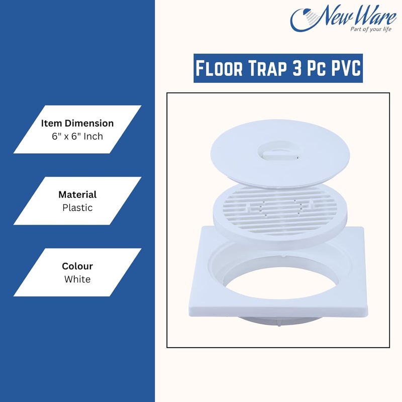 NEW WARE ® مصفاة/فخ تصريف مياه الحمام 3 قطع PVC مربع (أبيض) - Image 5