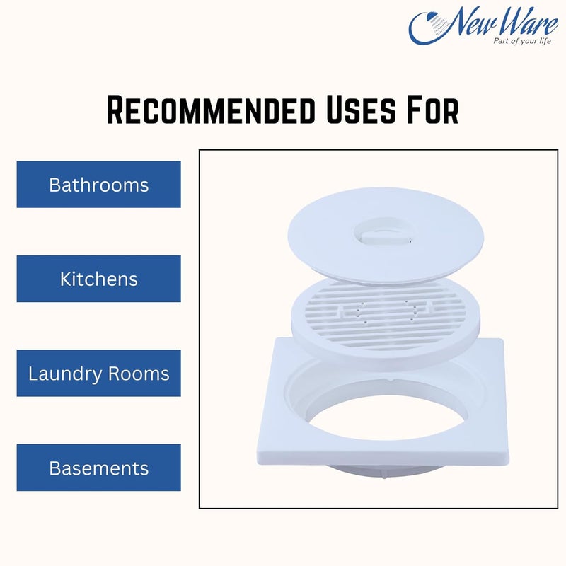 NEW WARE ® مصفاة/فخ تصريف مياه الحمام 3 قطع PVC مربع (أبيض) - Image 3