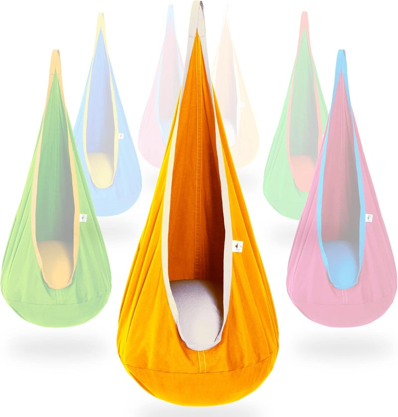 OUTREE Kids Pod Hanging Swing Seat Hammock,100% Cotton Child Swing Hammock Chair for Indoor and Outdoor use,Yellow and White - Image 1