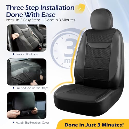 kingphenix 2 Pack Front Memory Foam Leather Car Seat Covers, Breathable 4D Mesh, Easy Install Automotive Seat Protectors, Airbag Compatible, Universal Fit for Cars, Trucks, Vans, SUV - Black - Image 5
