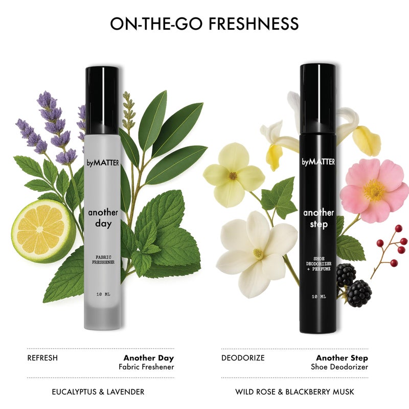 byMATTER Shoe & Fabric Freshener Spray Set - Travel Fabric Refresher & Shoe Deodorizer Pack, Odor Elimination, Suits All Materials, Smell Remover Sprays (2x 0.34 Fl Oz / 10ml) - Image 2