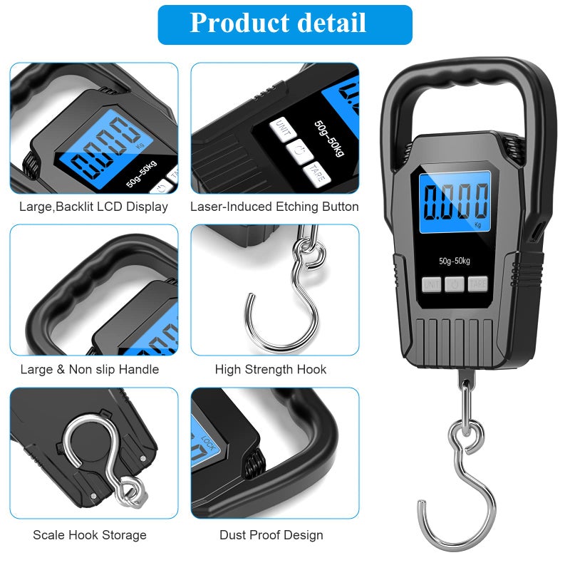 SKEAP Digital Fish Scale Hanging Scale Fishing Scale, SKEAP 110lb/50kg Luggage Scale,Fish Weighing Scale, Upgrade Large Handle & Backlit LCD Display, Black,Fishing Gifts for Men,Black - Image 5
