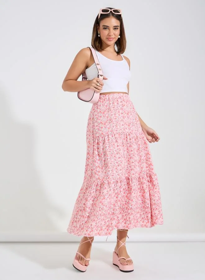 Take Two Take Two Ditsy Print Tiered Maxi Skirt