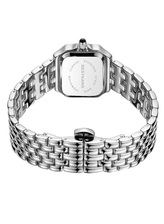 BESTKANG Watches for Women Vintage Square Classic Luxury Watch with Roman Numerals Quartz Movement Gold Silver Two-Tone Stainless Steel Band Elegant Dress Women's Wrist Watch, Silver White, Fashion - Image 3