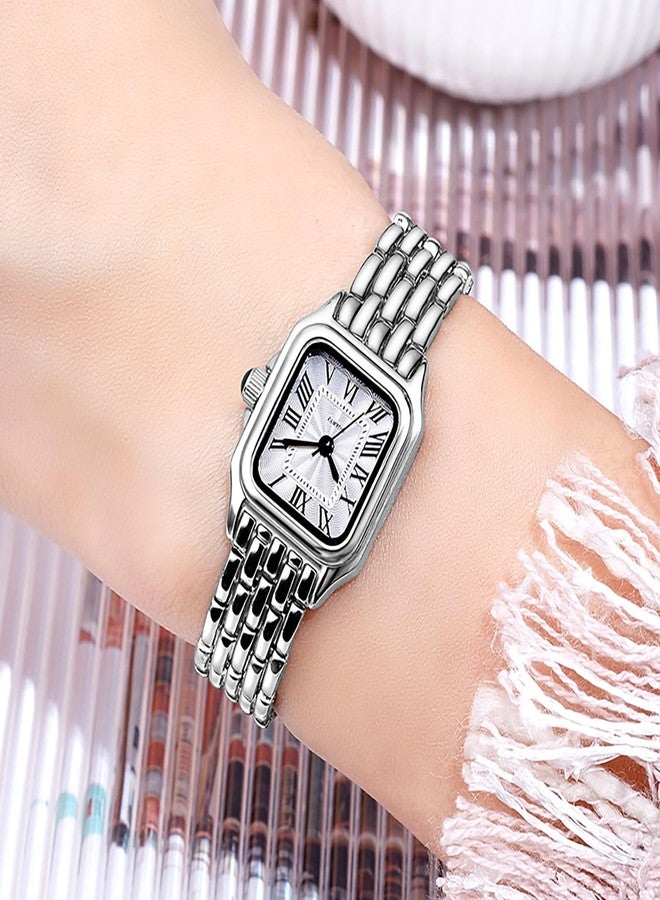 BESTKANG Watches for Women Vintage Square Classic Luxury Watch with Roman Numerals Quartz Movement Gold Silver Two-Tone Stainless Steel Band Elegant Dress Women's Wrist Watch, Silver White, Fashion - Image 2