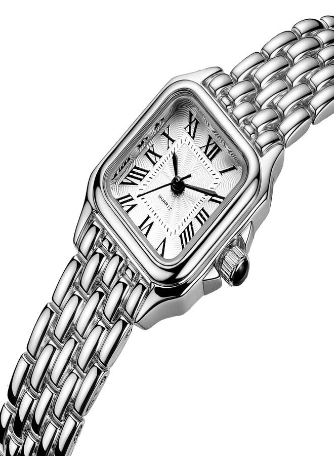 BESTKANG Watches for Women Vintage Square Classic Luxury Watch with Roman Numerals Quartz Movement Gold Silver Two-Tone Stainless Steel Band Elegant Dress Women's Wrist Watch, Silver White, Fashion - Image 4