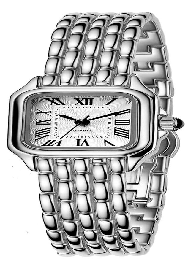 BESTKANG Watches for Women Vintage Square Classic Luxury Watch with Roman Numerals Quartz Movement Gold Silver Two-Tone Stainless Steel Band Elegant Dress Women's Wrist Watch, Silver White, Fashion - Image 1