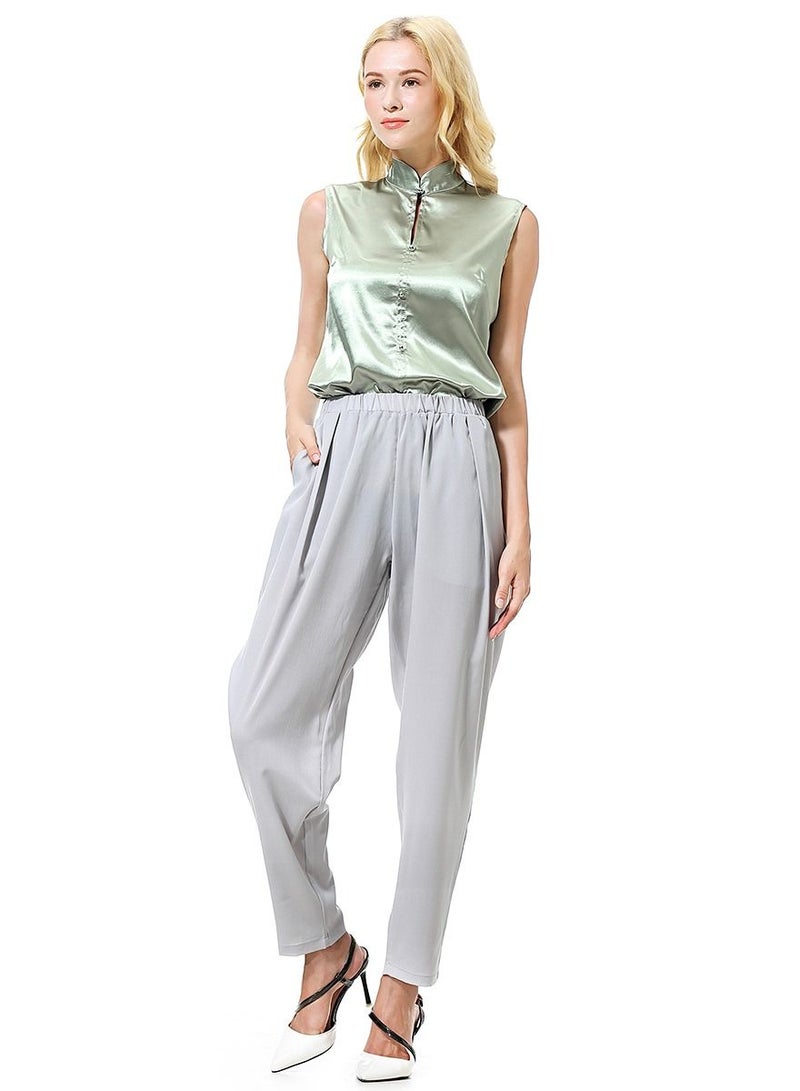 Loquat Women's Solid Color Elastic Waistband Harem Pants Comforty Loose Casual Pants Grey  - Image 1