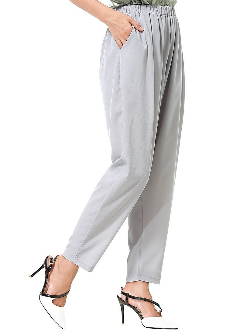 Loquat Women's Solid Color Elastic Waistband Harem Pants Comforty Loose Casual Pants Grey  - Image 2