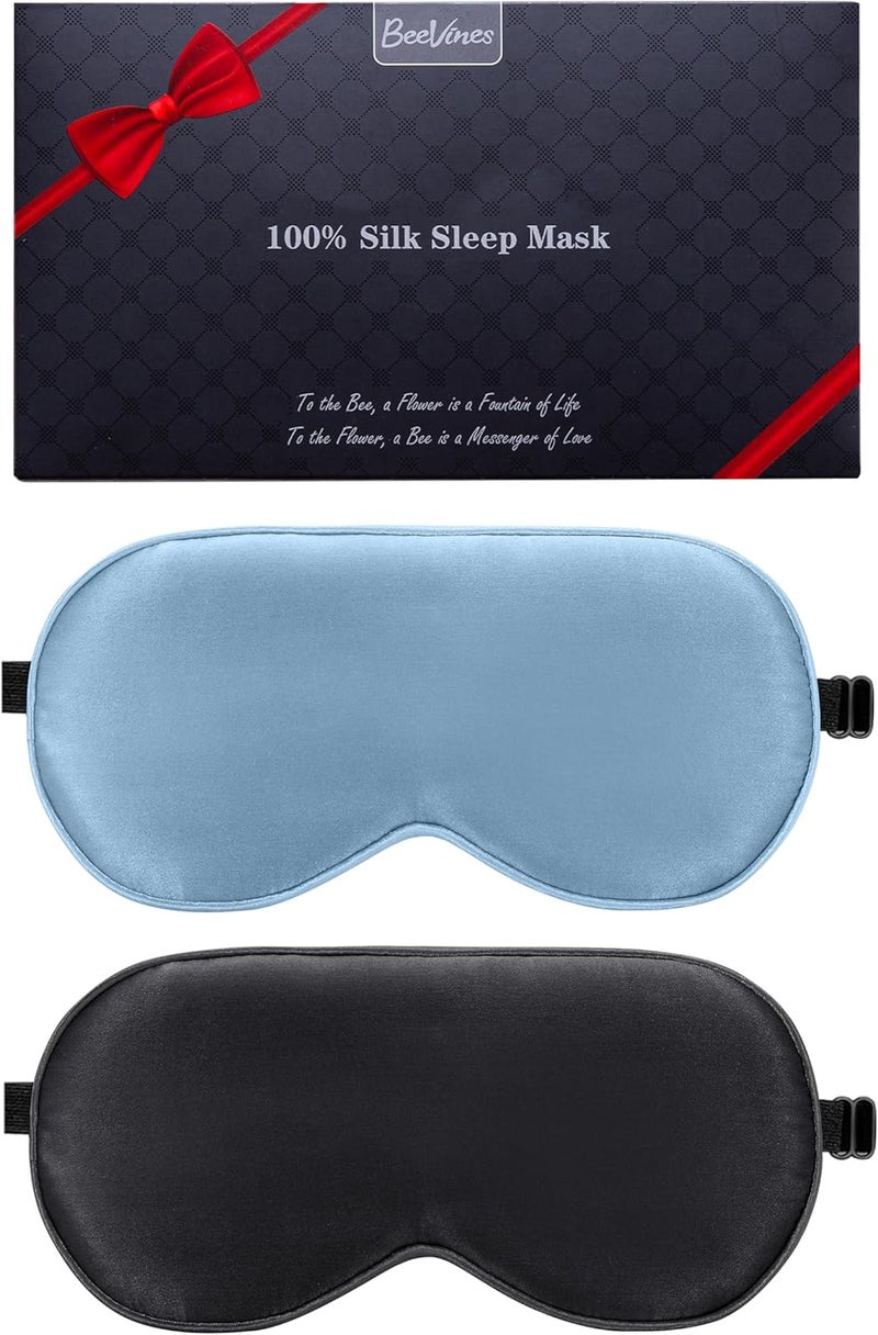 BeeVines Sleep Mask, 2 Pack 100% Real Natural Silk Eye Masks with Adjustable Strap for Sleeping, Mulberry Silk Eye Shade Cover, Blocks Light Reduces Puffy Eyes Traveling Gifts (Black & Pastel Blue)