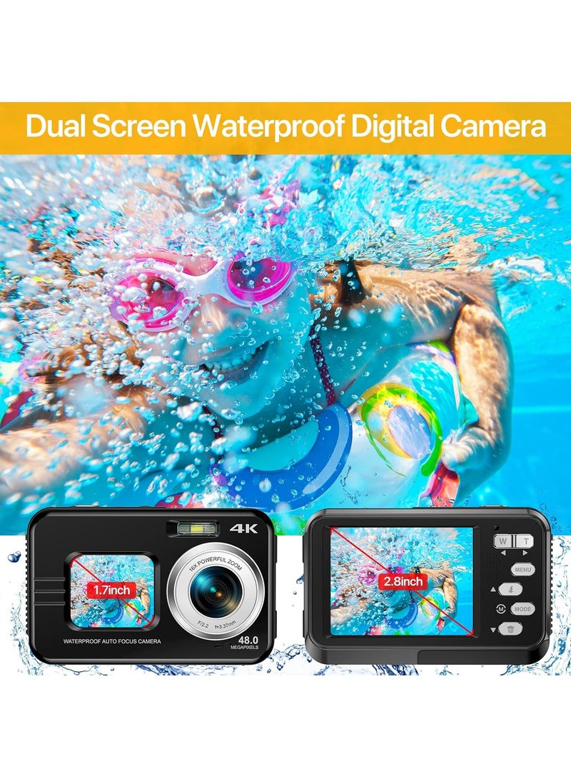 4K Underwater Camera 11FT Waterproof Camera with 64GB Card 48MP Autofocus Dual-Screen Selfie Underwater Camera for Snorkeling(Black) - Image 2