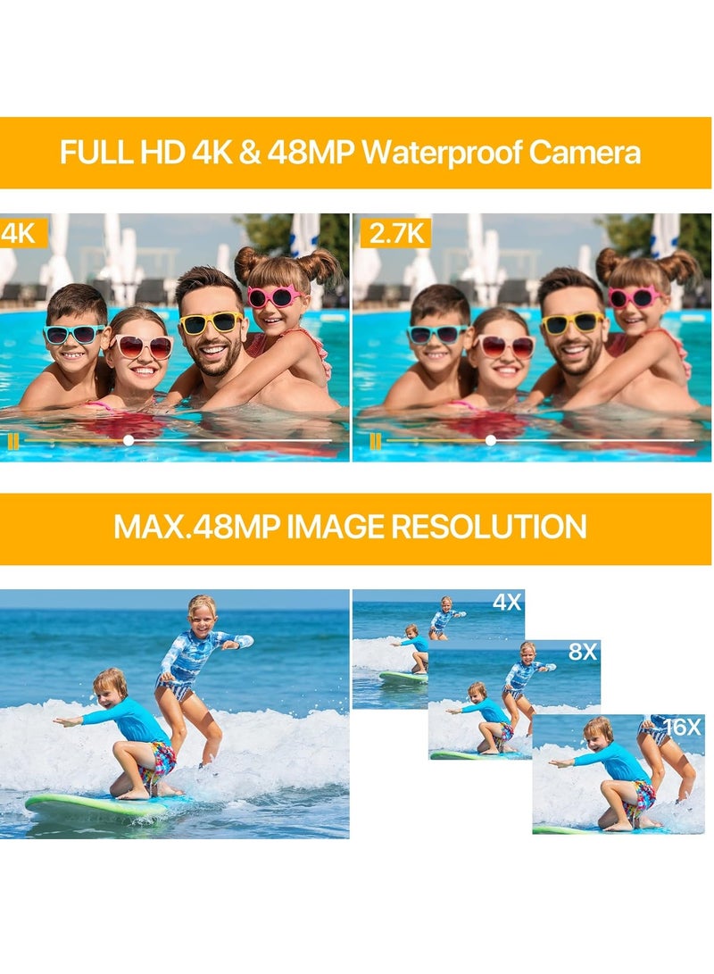 4K Underwater Camera 11FT Waterproof Camera with 64GB Card 48MP Autofocus Dual-Screen Selfie Underwater Camera for Snorkeling(Black) - Image 4